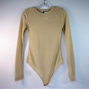 NWT Second Skin by RD Rossie Crewneck Long Sleeve Gold Shimmer Sheer Bodysuit Sm